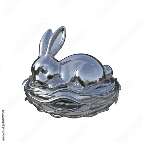 Metallic rabbit sculpture resting in nest on white background