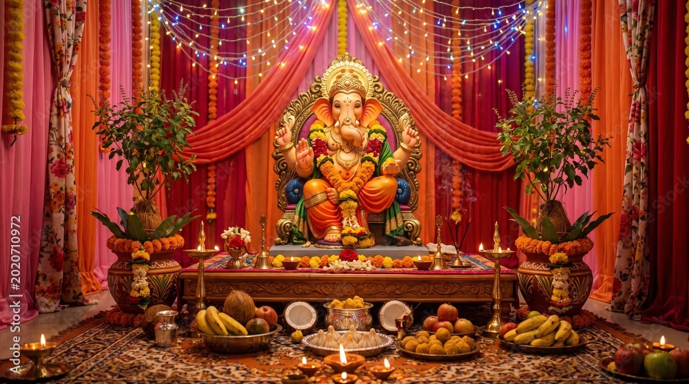 Obraz premium Auspicious vighnaraja ganesha idol adorned with flowers and lit lamps for sankashti chaturthi puja ceremony in vibrant indian home setting