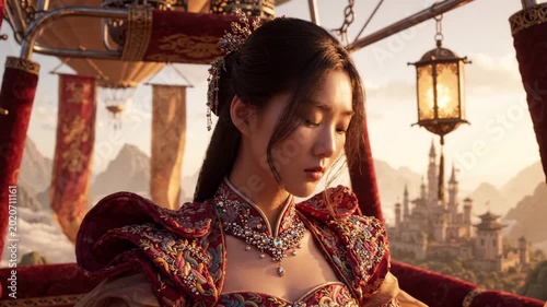 Beautiful Asian woman in an ornate red dress riding a hot air balloon over a fantasy mountain castle at sunset