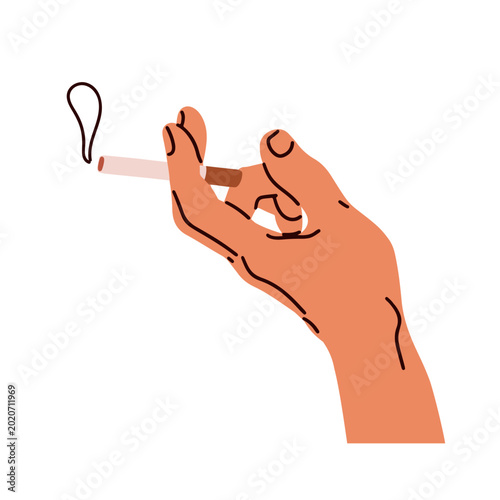 Cigarette in hand. Fingers holding tobacco cig, cigaret with smoke. Male smok...