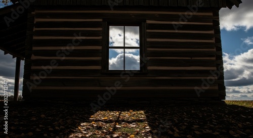 Rustic Log Cabin with Window Reflecting Dramatic Cloudy Sky.