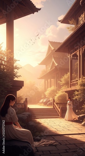 Serene Japanese Temple Scene with Women in Traditional Attire at Sunset.