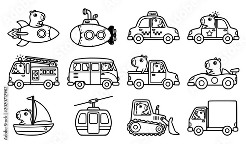 Fotografija Capybara transportation outline coloring page collection with cute cartoon vehic