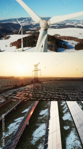 Winter renewable energy systems including wind turbine blade and solar panels. Clean power and grid modernization theme.