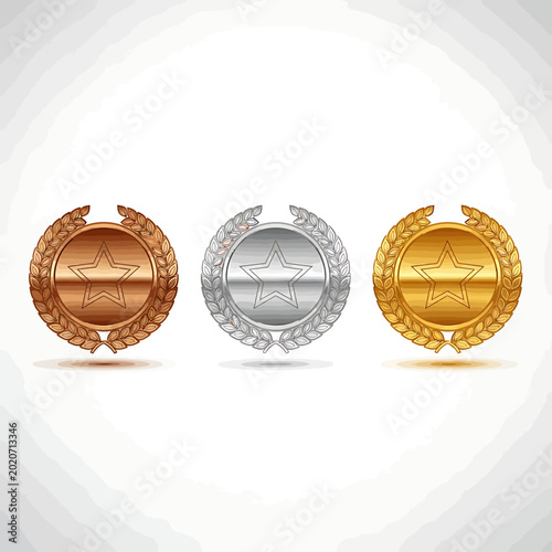 Gold Silver and Bronze Award Medals Set with Laurel Wreaths.