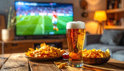 Vaso de cerveza y aperitivos frente a un televisor con partido de fútbol en casa