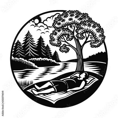 Schilderij op canvas Person relaxing on a blanket under a tree by a peaceful lake, recovering from burnout in nature