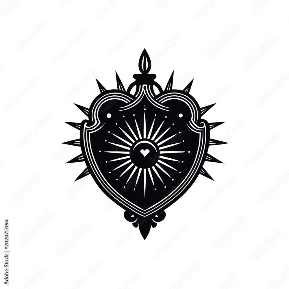 Fototapeta premium Vintage engraving style illustration of a decorative shield emblem with a central heart, radiating rays and sharp spikes, symbolizing protection and strength.