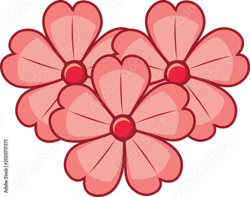 Three Pink Cherry Blossom Flowers Arranged in Heart Shape, Cute Flat Vector Floral Icon