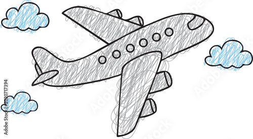 Hand Drawn Airplane Scribble with Blue Clouds, Cute Child Like Crayon Art Vector Illustration