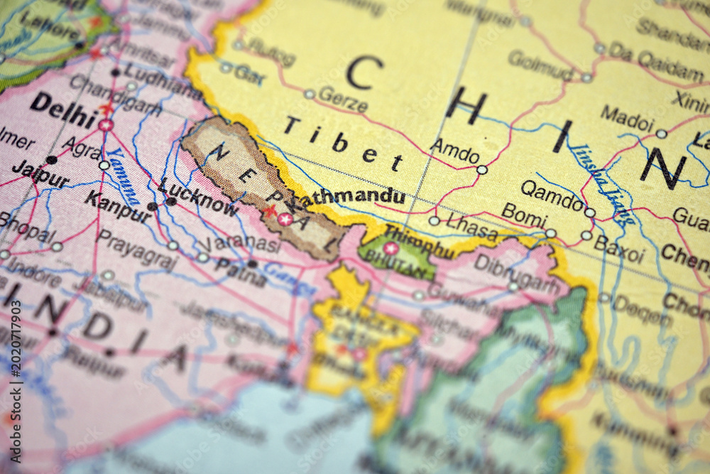 Obraz premium Kathmandu Nepal City on Soft Blurred Himalaya World Map Background with Defocused Capital Location View