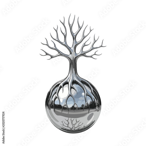 Tree sculpture in a shiny metal vase on white background