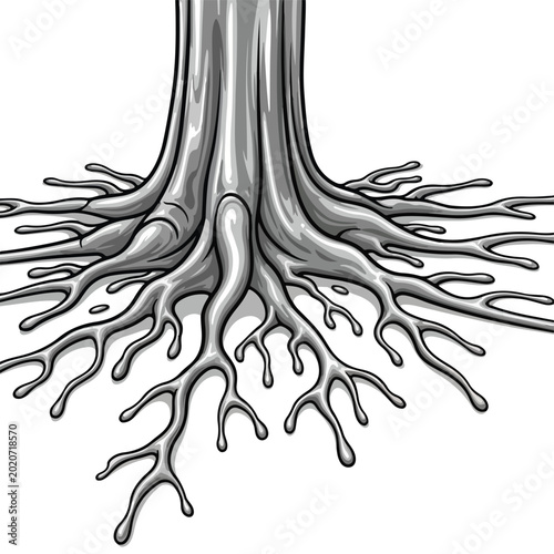 Tree root system illustration with exposed trunk and branching roots