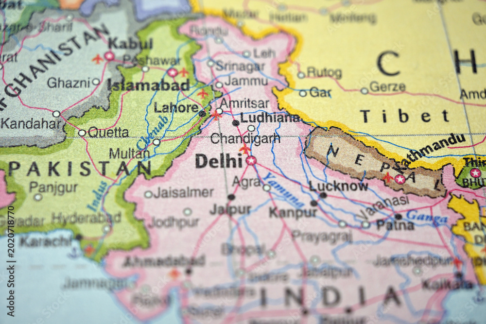 Obraz premium Selhi Highlighted on Blurred World Map – Industrial North India Ganges Belt City Concept
