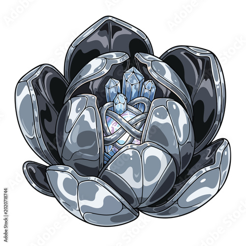 Shiny metallic lotus flower with blue crystals isolated on white