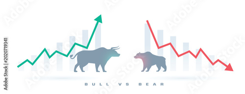 Green bull and red bear silhouettes representing stock market competition and financial trading fluctuations on dark banner background vector