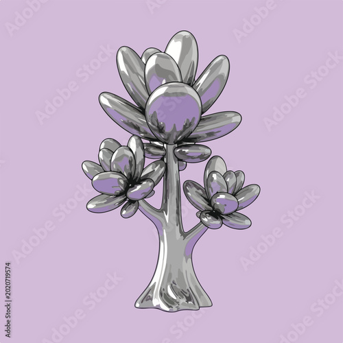 Metallic tree with purple flowers on lilac background