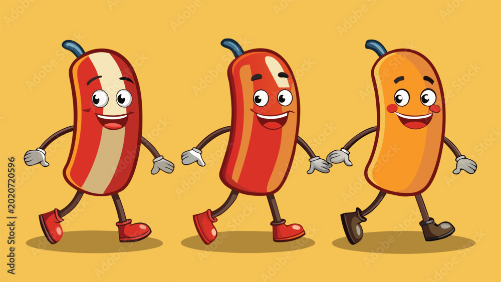 Fototapeta premium Three smiling cartoon sausage characters walking on a light brown background.
