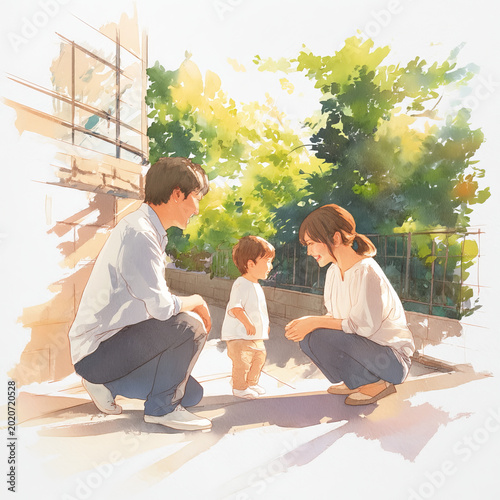 Gentle watercolor of a nursery teacher talking to a japanese parent at pickup time, both smiling
