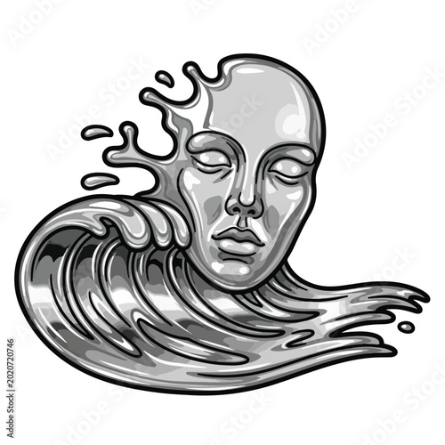 Serene face in a wave of water with closed eyes and flowing hair