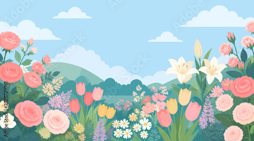 A modern minimalist digital illustration of blooming flowers, perfect for a calming botanical background or greeting card design.