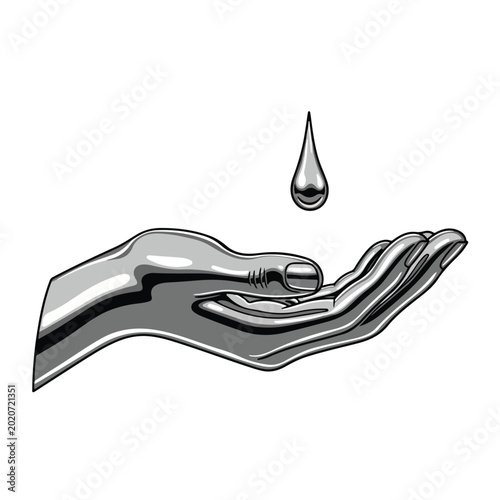 Hand with liquid metal and a single drop on white background