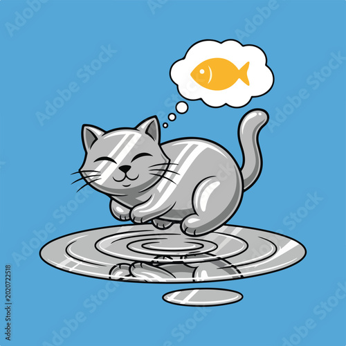 Cat jumping into water with fish in thought bubble
