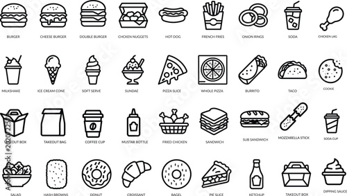 A versatile collection of outline-style vector icons featuring popular fast food items and takeout meals including burgers, pizza, tacos, sandwiches, hot dogs, fries, desserts, and various beverages. 
