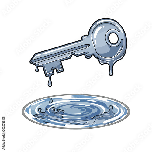 Melting key above water ripple with droplets falling down