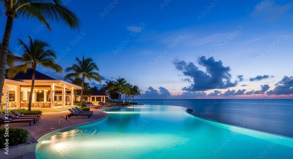 Fototapeta premium Luxury infinity pool at a tropical resort during sunset