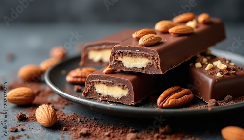 Close-up shot of chocolate bars with nuts on black plate. Creamy filling inside snack. Almonds and pecans surround dessert. Cocoa powder dusting.