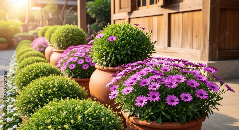 Fototapeta premium row of potted purple flowers and green plants outside wooden building