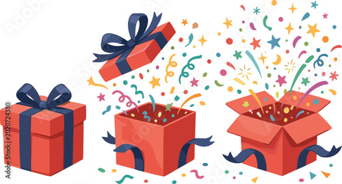 Photos Colorful surprise gift box set with confetti explosion and ribbon bows vector il
