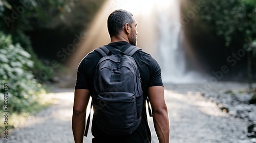 Adventure traveler with backpack hiking towards a tropical waterfall in a lush forest with cinematic sunbeams, outdoor exploration concept