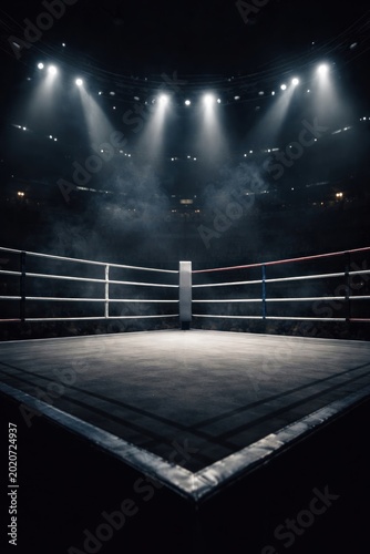 Dramatic boxing ring under lights.