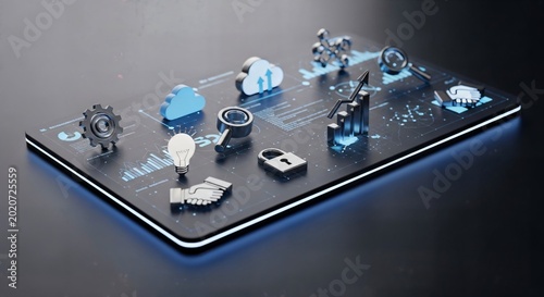 Digital interface with cloud icons gears and handshake symbolizing technology and business growth