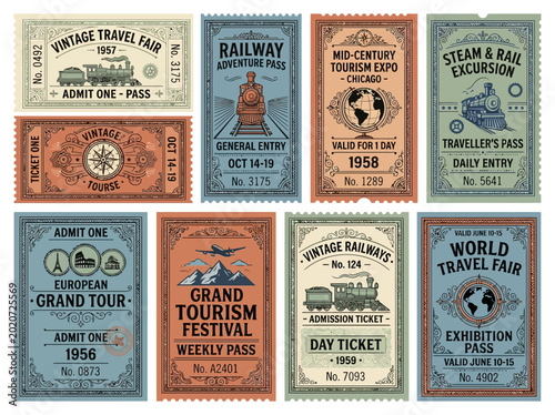 Collection of Vintage Style Tickets for Various Events and Journeys, Including Railways and Travel Fairs