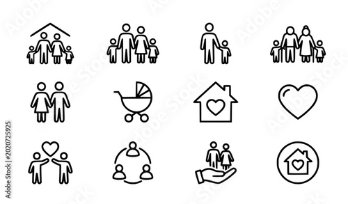 Schilderij op canvas Family and Life Insurance Line Icon Set Featuring Parent and Child Symbols, Baby