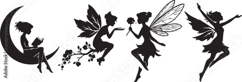 Whimsical fairy silhouette collection, 4 magical pixie vector elements, black mythical creature icons, enchanted garden sprites for nursery decor and branding