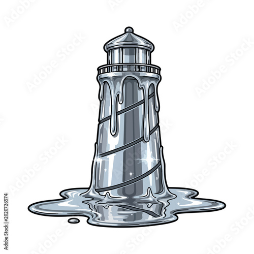 Melting lighthouse in ice flood isolated on white background