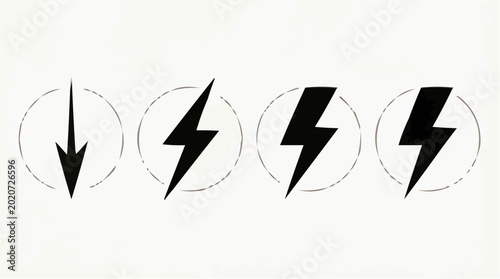 Set of minimalist lightning bolt icons in circles, vector power and energy symbols isolated on white background.