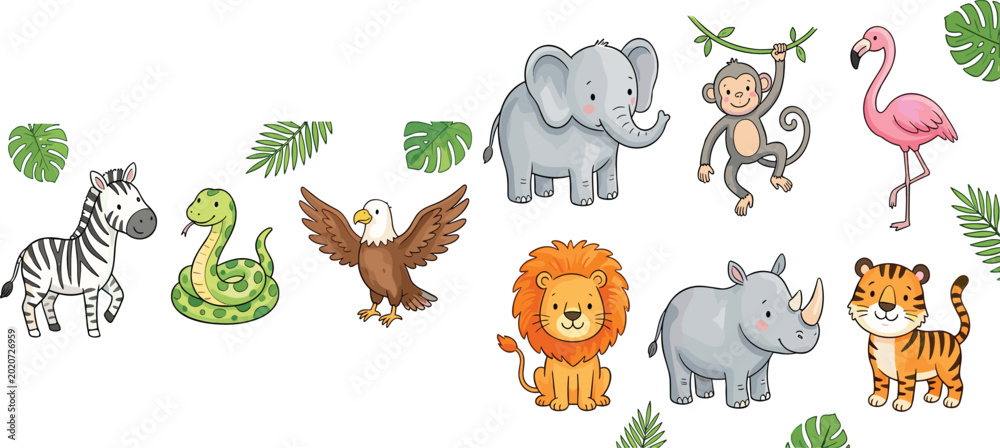 Fototapeta premium Cute Jungle Animals Collection with Lion Elephant Monkey Flamingo Tiger and Zebra Vector Illustration Set