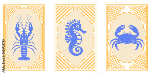 Obraz na płótnie Vintage Marine Life Vector Illustrations Lobster Seahorse Crab Stamps