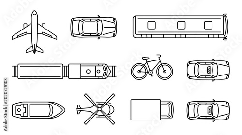 Foto Various transport modes top down view outline icons set