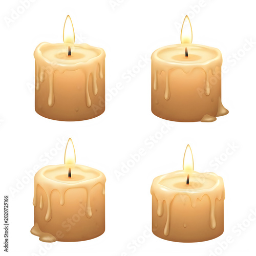 Set of four lit beige candles isolated on transparent background
