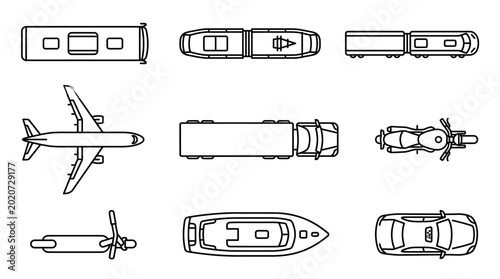 Bild auf Leinwand Transportation Vehicle Top View Line Art Icons Set