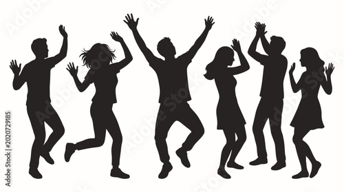 Energetic group of friends dancing and celebrating in silhouette