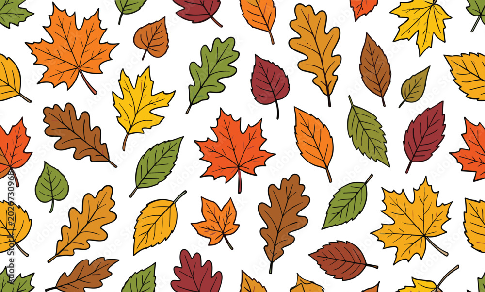Fototapeta premium Seamless autumn leaves pattern vector illustration with colorful maple and oak foliage for seasonal textile and wallpaper design