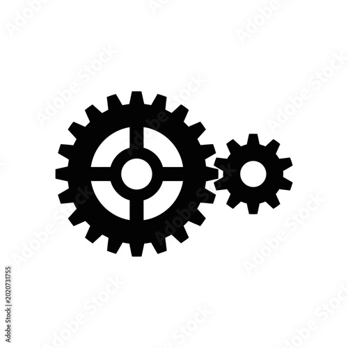 Two black interlocking gears, one large and one small, representing machinery and mechanical systems on a white background.