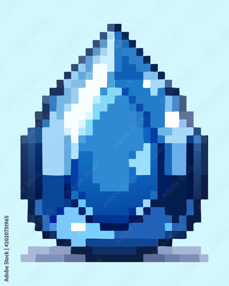 Fototapeta premium Shiny blue raindrop pixel art for weather forecast themes and water element magic ability icons in retro digital graphics